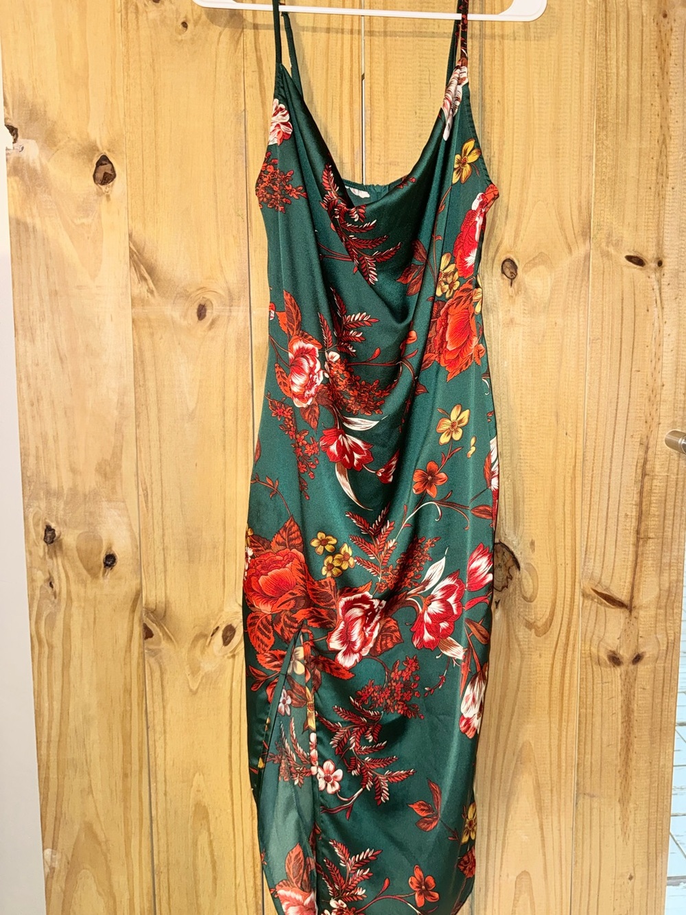 PrettyLittleThing Green Midi Slip Dress with Red Floral Print